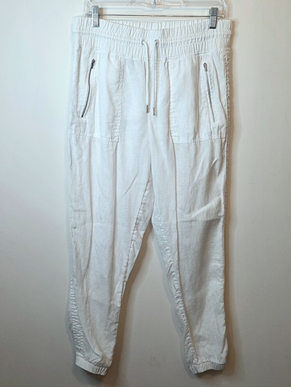 Athleta Cabo Linen Jogger Pants White Zip Pockets Size 8 Resort Wear Beach